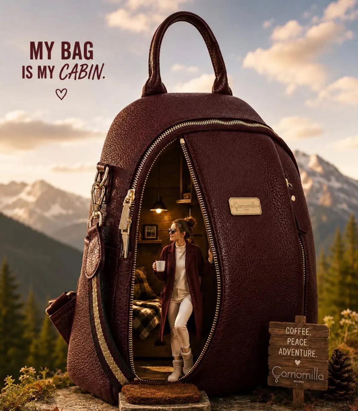 Zaino Camomilla Milano in pelle bordeaux aperto come una baita di montagna, con la scritta My bag is my cabin